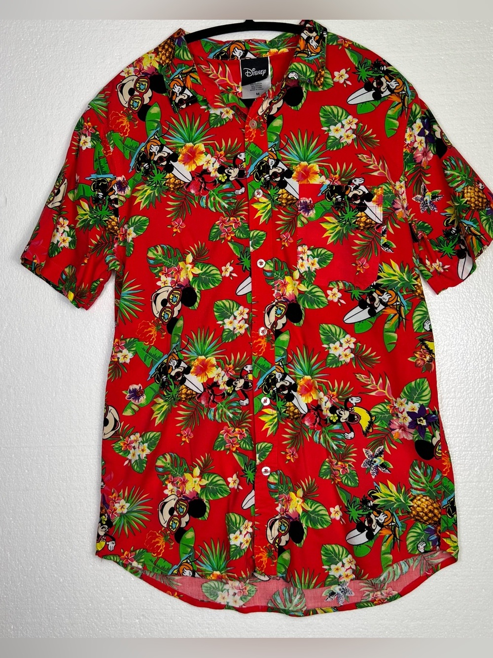 Disney Hawaiian Shirt Medium Red Mickey Mouse Minnie Mouse Floral Surfing